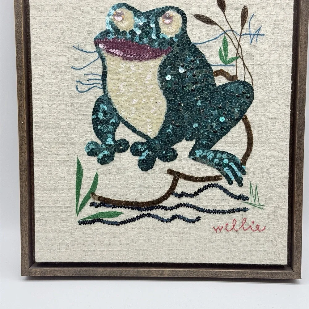 Sequenced Embriored Frog Wood Framed Wall Hanging Cottage MCM 70s 80s Granny